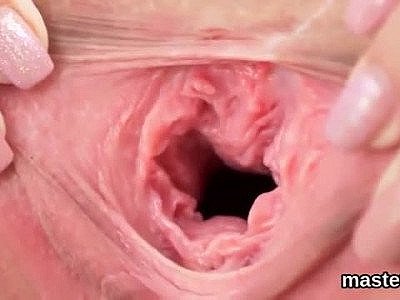 Blonde girl shows her gaping pussy