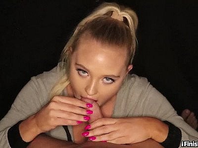 21-year-old blonde girlfriend sucks boyfriend's cock and licks balls in POV
