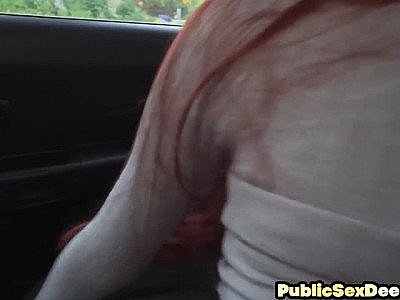 Redhead driving babe fucked outdoor in car in driving tutor