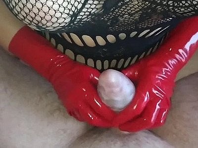 Handjob - Ruined fast 2 times in red latex gloves using tenga egg